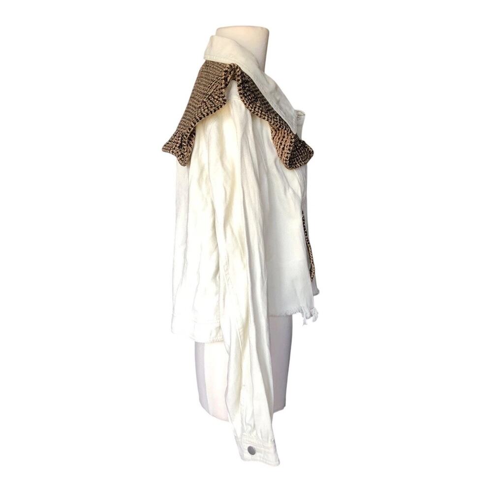 POL White Denim Jacket Ruffle Tweed Collar Frayed Hem Button Front Boutique SM - Picture 4 of 9